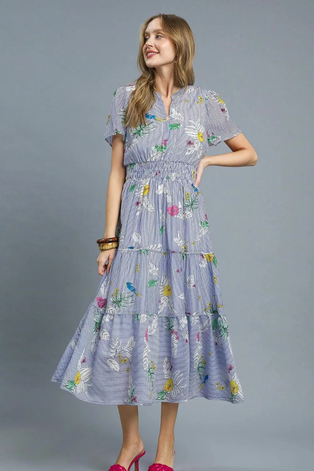 Umgee Floral Jacquard Puff Sleeve Mini Dress